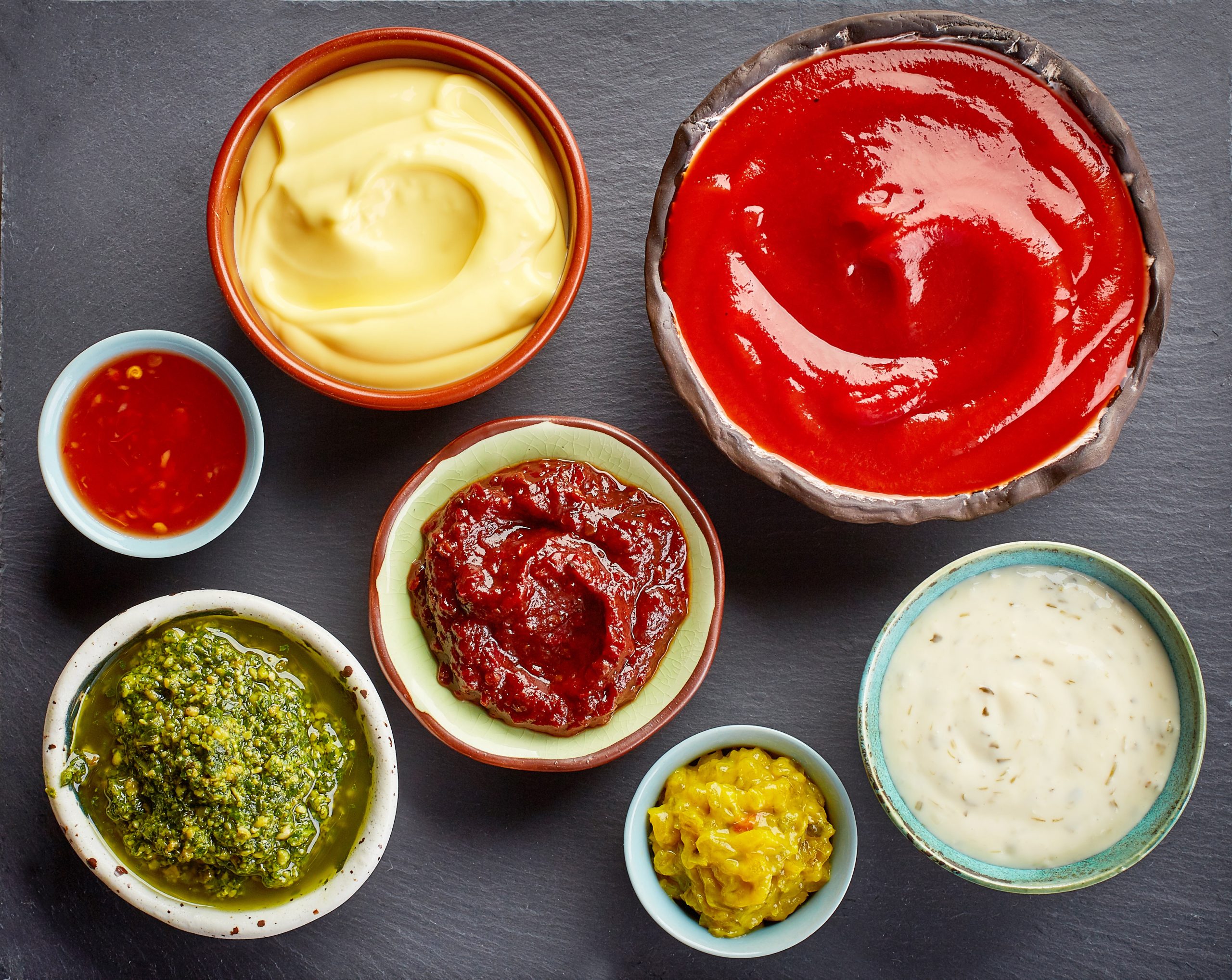 bowls with assorted condiments