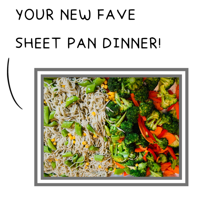 sheet pan chow mein with text pointing to it