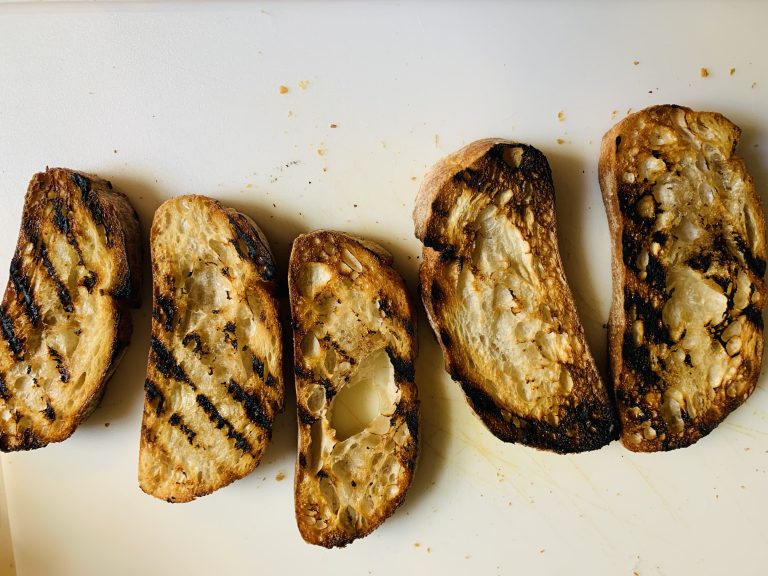 Grilled bread for Crostini with Burrata and Not Just Pesto