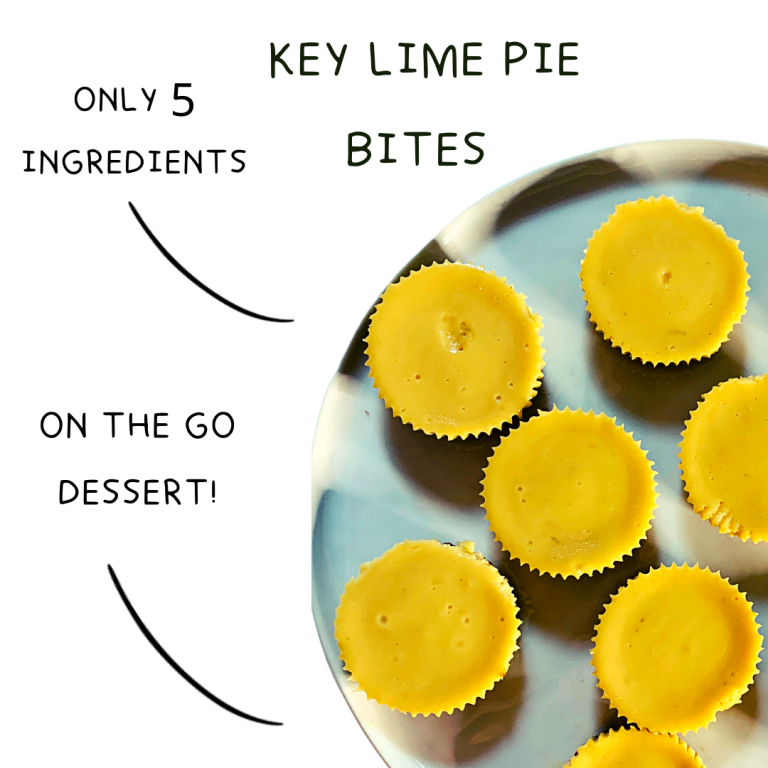 key lime pie bites on a blue plate with text