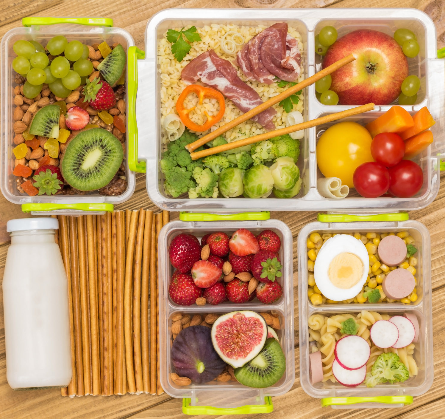 overhead view of lunchbox packed with food